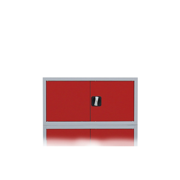 Lüllmann Aufsatzschrank mit Flügeltüren und Zylinderschloss mit Drehgriff, 450 x 1200 x 422 mm, lichtgrau/feuerrot, 531134