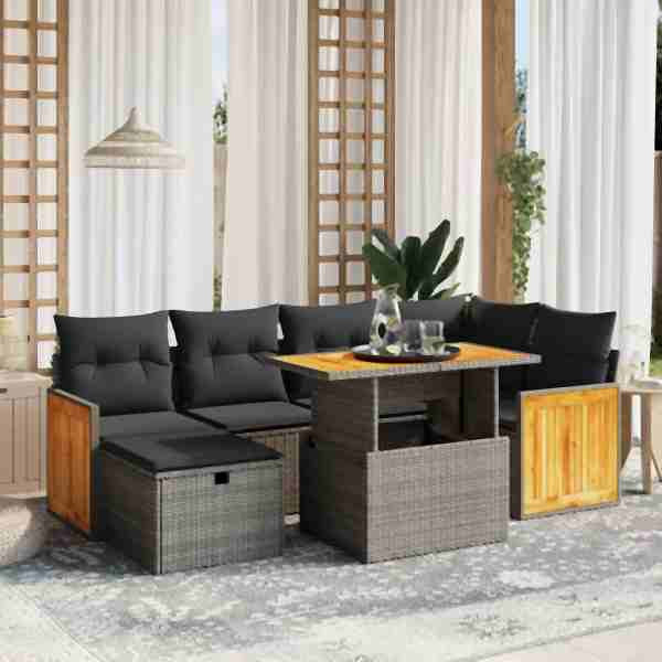 vidaXL 7-tlg. Garten-Sofagarnitur mit Kissen Grau Poly Rattan, UV-beständig, 3276252