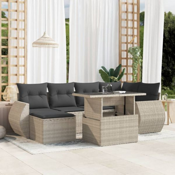 vidaXL 7-tlg. Garten-Sofagarnitur mit Kissen Hellgrau Poly Rattan, 3268682