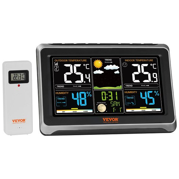 VEVOR Wetterstation Funkwetterstation mit Wettervorhersage Thermo-/Hygrometer RCC-Atomuhr 19cm Display, SNQXZWX75VAAAAQ08V2