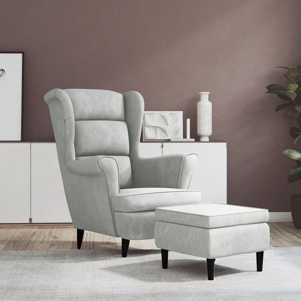vidaXL Ohrensessel mit Hocker Hellgrau Samt, 3115931