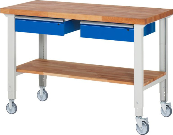RAU Fahrbare Werkbank (höhenverstellbar) 7002A7, 1500x700x950-1000mm, je 2 Bockrollen und Lenkrollen, 05-7002A7-157B4H22.11