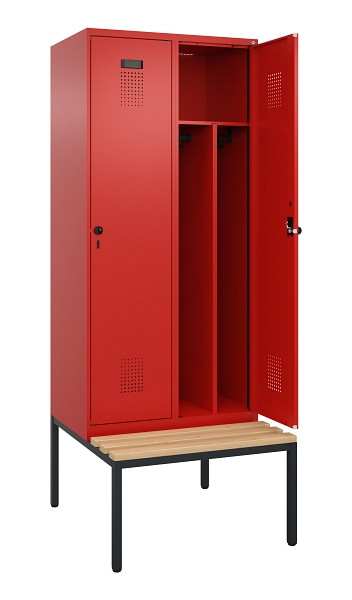 C+P Spind Evolo PLUS, 2 Abteile, 2120x800x815mm, 3020/3020, Haken 4, Drehriegel, Sitzfläche Buche-Hartholz, Sitzbank, Trennwand, 0490507-22F S10025
