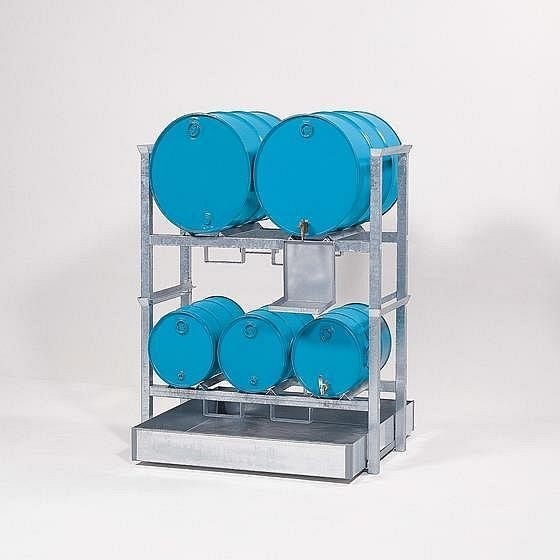 asecos Fassregal mit Auffangwanne aus Stahl, 3x60 Liter und 2x200 Liter, verzinkt Auffangwanne, 1079-2699