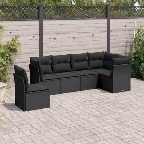 vidaXL 6-tlg. Garten-Sofagarnitur mit Kissen Schwarz Poly Rattan, UV-beständig, 3249534