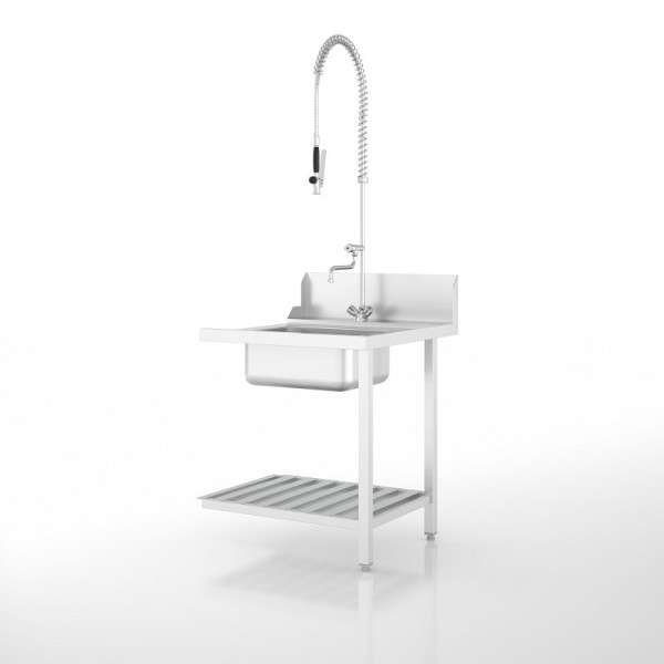 Ackermann Spülmaschinen Zulauftisch mit Becken 750x800x875 mm - H-Linie, Anbau rechts/front, Unterbau mit Ablagerosten, 9021116