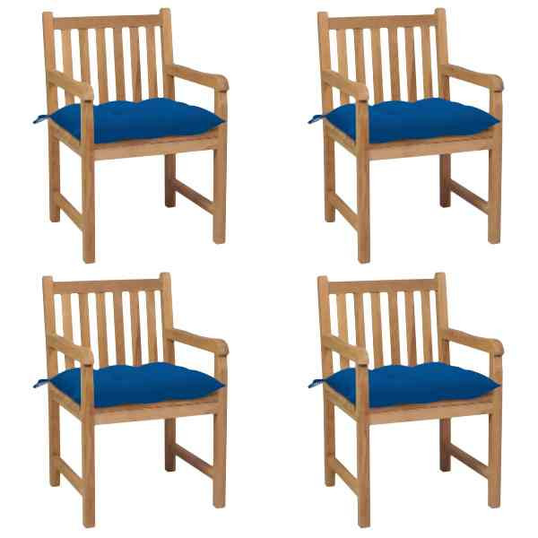 vidaXL Gartenstühle 4 Stück mit Blauen Kissen Massivholz Teak, 3073029