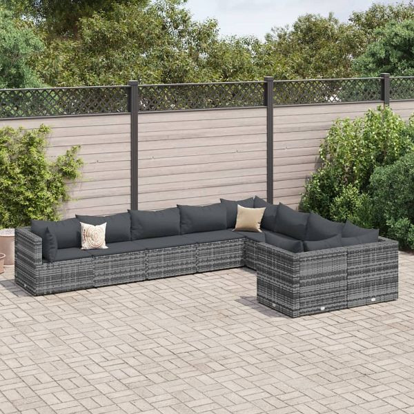 vidaXL 9-teilig Garten-Sofagarnitur mit Kissen Grau Poly Rattan, 3308314
