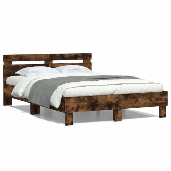 vidaXL Bettgestell mit Kopfteil LED-Beleuchtung Räuchereiche 135x190cm, 3207571