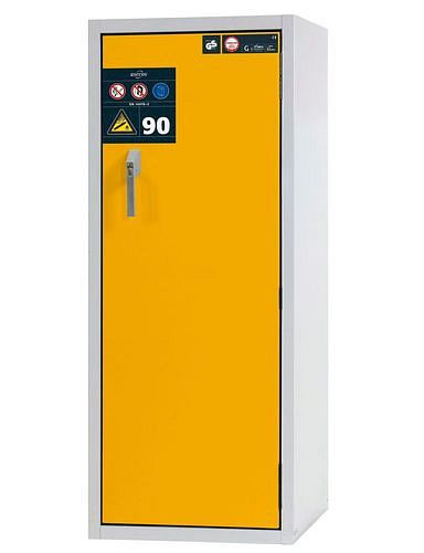 asecos Gasflaschenschrank feuerbeständig G90, 2 x 10 l Flaschen, B 600 mm, Tür rechts, grau/gelb, 210381