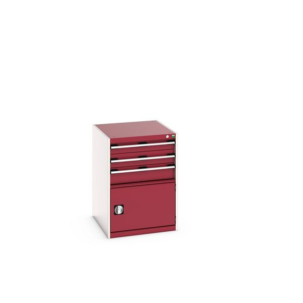 bott cubio Schubladenschrank bestückt, mit 3 Schubladen, Tür, BxTxH: 650x750x900mm, RAL 7035/3004, Purpurrot, 40027104.24V