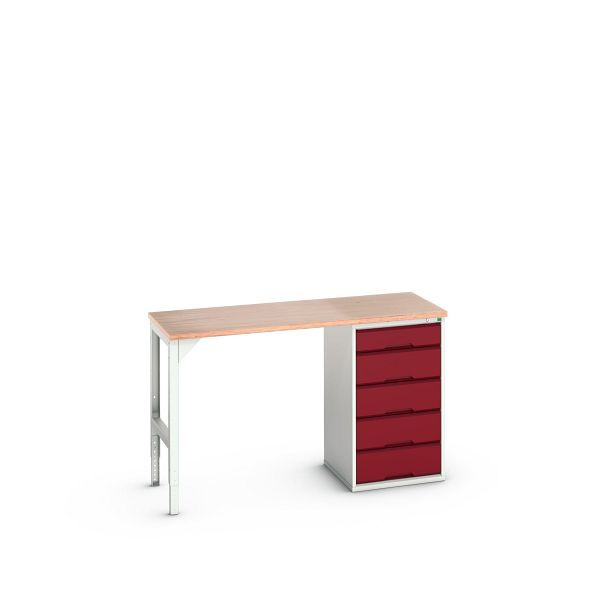 bott verso Unterbauwerkbank (Multiplex) mit 5 Schubladen (Breite: 525mm) BxTxH: 1500 x 600 x 930 mm, Lichtgrau / Purpurrot, 16921900.24