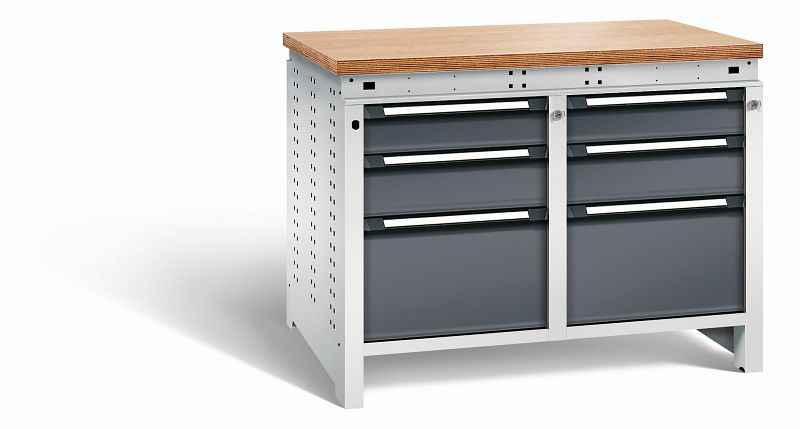 Otto Kind Werkbank Serie function Typ 215, Multiplexplatte 40 mm, bündig, 2x Unterbau + Zentralverschluss, Gehäuse RAL 7035, Front RAL 7016, 072345149