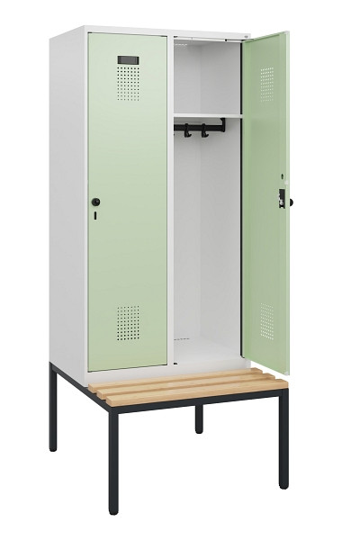 C+P Spind Evolo PLUS, 2 Abteile, 1950x800x815mm, 9016/6019, Drehriegel, Sitzfläche Buche-Hartholz, Sitzbank, 0490505-22 S10021
