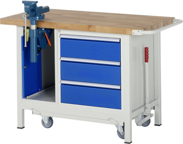 RAU Absenkbare Werkbank 8000 - Modell 8183, B1250 x T700 x H880 mm, mit Schraubstockschrank, 15-8183A2-127B4F.11