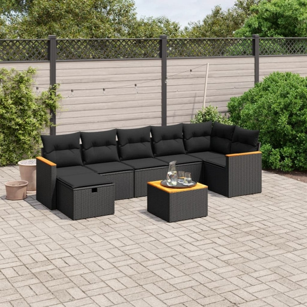 vidaXL 8-tlg. Garten-Sofagarnitur mit Kissen Schwarz Poly Rattan, UV-beständig, 3265318