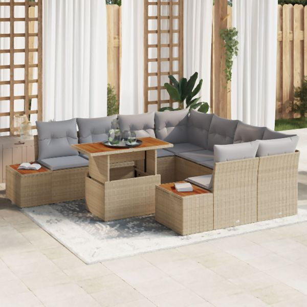 vidaXL Garten-Sofa-Set 9-teilig Beige und Grau Poly-Rattan, Polyester, 3350057