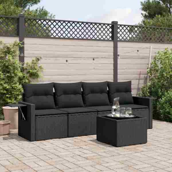 vidaXL 5-tlg. Garten-Sofagarnitur mit Kissen Schwarz Poly Rattan, UV-beständig, 3219884