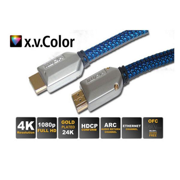 S-Conn HDMI A-Stecker auf HDMI A-Stecker verchromt, Metall-Stecker verschraubt, vergoldete Kontakte, schwarz-blauer cotton Mantel, 2,0m, 77472-ETBCL