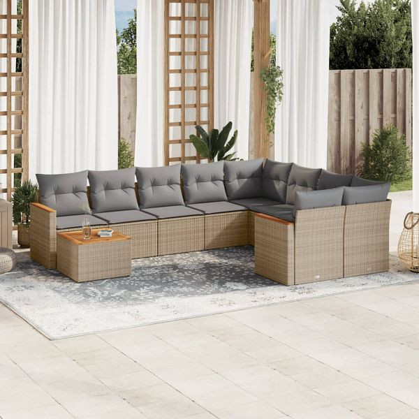 vidaXL 10-teilig Garten-Sofagarnitur mit Kissen Beige Poly Rattan, 3258720