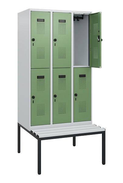 C+P Doppelstöckiger Spind Evolo PLUS, Bank, 6 Fächer, 1950x900x815mm, 7035/6011, Drehriegel, Sitzfläche Kunststoff, Sitzbank, 0493505-30 S10101