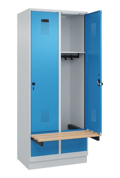 C+P Spind Evolo PLUS, 2 Abteile, 1950x800x815mm, 7035/5012, Drehriegel, Sitzfläche Holz, Sitzbank auskragend Sockel, 049040-22 S10007