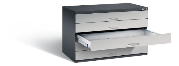C+P Flachablageschrank Serie 7100_7200, H760xB1100xT765mm, Farbe: Schwarzgrau / Weißaluminium, Bügelgriff, 7101-100 S10141