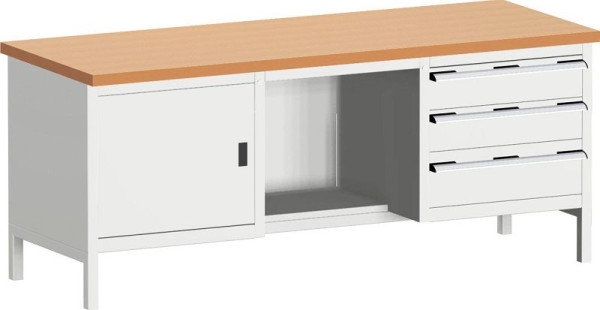 bott cubio Kastenwerkbank mit 3 Schubladen Türe, 2 Ablagen, Rotbuche-Arbeitsplatte BxTxH: 2000 x 750 x 840 mm, RAL 7035, 41002071.16V