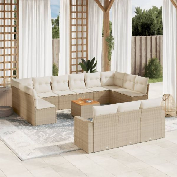 vidaXL 14-tlg. Garten-Sofagarnitur mit Kissen Beige Poly Rattan, 3224364