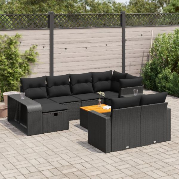 vidaXL 11-tlg. Garten-Sofagarnitur mit Kissen Schwarz Poly Rattan, 3326079