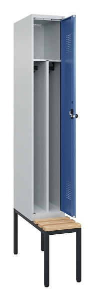C+P Spind Evolo PLUS, 1 Abteile, 2120x300x815mm, 7035/5023, Haken 4, Drehriegel, Sitzfläche Buche-Hartholz, Sitzbank, 0490507-10F S10008
