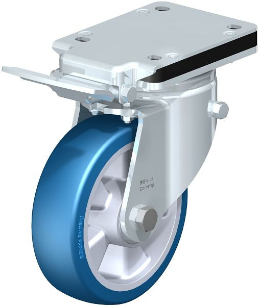 Blickle LH-ALBS 160K-IS Stahlblech-Lenkrolle, Schwerlast-Ausführung, mit Anschraubplatte & Feststeller, Blickle Besthane® Soft, Blau, 749962