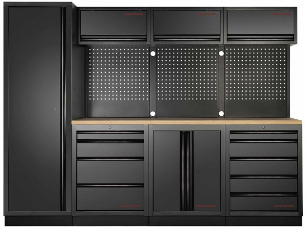 Kraftwerk MOBILIO-EX BLK 4er Kombi mit Lochwand, Buche, mit 5 Schränken, Maße H 2000 × B 2640 × T 721 mm, 3964B-BLK-EX