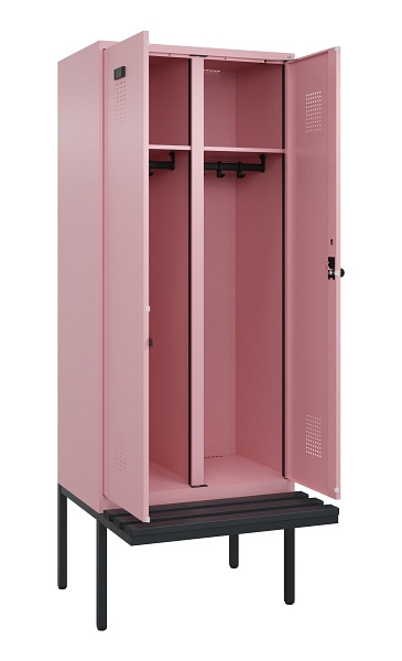 C+P Schwarz-Weiß-Spind Evolo PLUS, Bank, 2 Abteile, 2120x800x815mm, 3015/3015, Drehriegel, Material Sitzfläche Kunststoff, 0490427-22 S10078