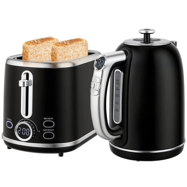 HOMCOM Wasserkocher- und Toaster-Set, LED-Anzeige, 1,7 Liter, 2200 W, Retro-Design, Memory-Funktion, Schwarz, 800-286V90BK