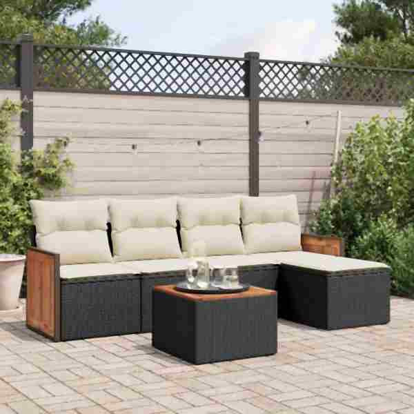 vidaXL 6-tlg. Garten-Sofagarnitur mit Kissen Schwarz Poly Rattan, UV-beständig, 3260005