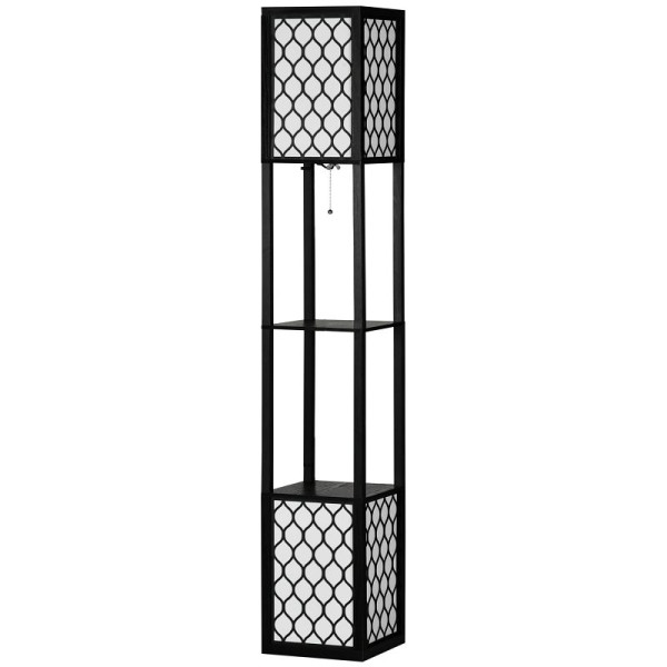 HOMCOM Stehleuchte im modernen Design, 2 Ablagen, Ziehkettenschalter, 26 x 26 x 156 cm, Schwarz + Weiß, B31-321V90