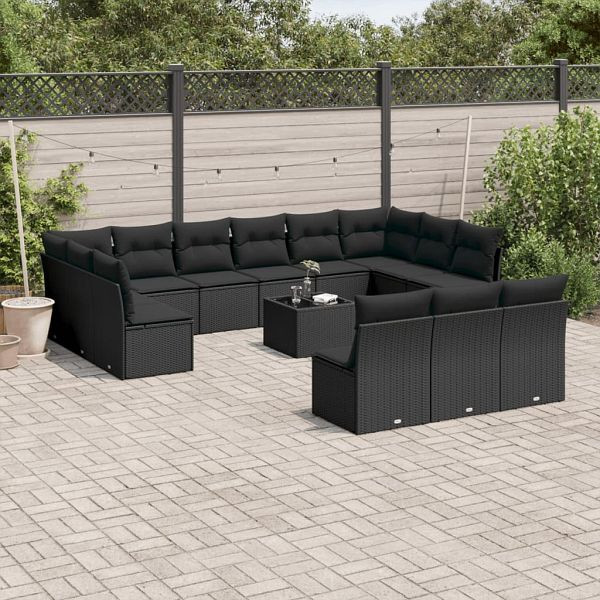 vidaXL 14-teilig Garten-Sofagarnitur mit Kissen Schwarz Poly Rattan, 3218395