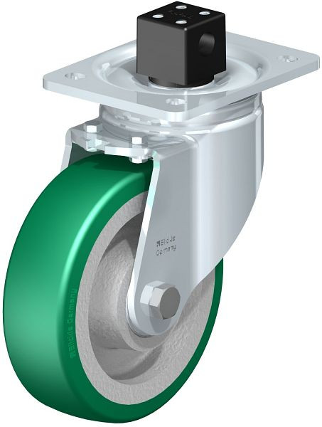 Blickle LH-GST 160K-CS13 Stahlblech-Lenkrolle, Schwerlast-Ausführung, mit Anschraubplatte & Zentralfeststeller, Blickle Softhane®, Grün, 852390