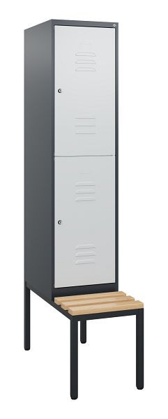 C+P Doppelstöckiger Spind Classic PLUS, 1950x400x815mm, 7016/7035, Zylinderschlösser, Sitzleisten aus Buche, mit untergebauter Sitzbank, 0803505-12 S10043