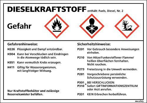 DENIOS GHS Schild, Übersicht "GHS Dieselkraftstoff", Folie, selbstklebend, 210 x 148 mm, VE: 10 Stück, 210091