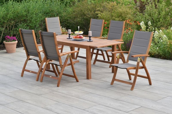 Merxx Acapulco Set 7-teilig, 6 Acapulco Klappsessel, gepolstert, 1 Ausziehtisch, 150 (200) x 90 cm, natur/grau, 50767-309