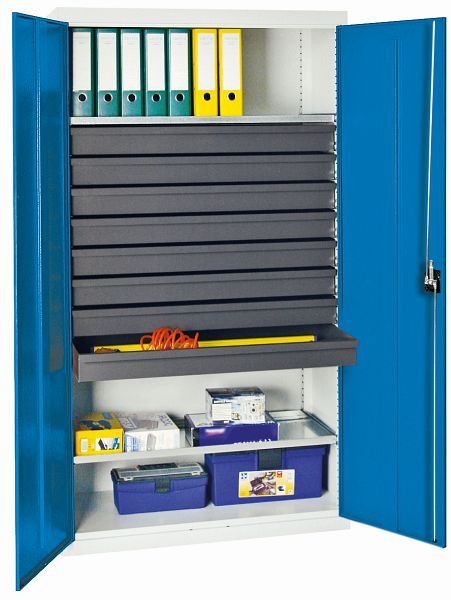 stumpf Werkzeugschrank, Höhe 180 cm, 2 ausziehbare Wannenböden, 8 Großraumschubladen, lichtgrau / lichtblau, 3008178