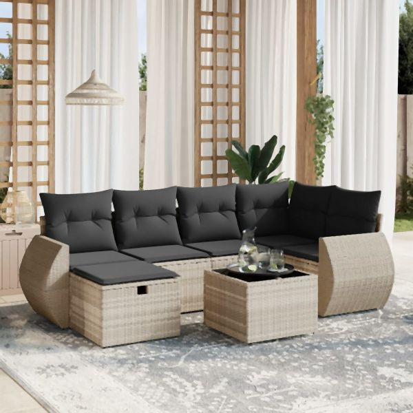 vidaXL 7-tlg. Garten-Sofagarnitur mit Kissen Hellgrau Poly Rattan, 3264118
