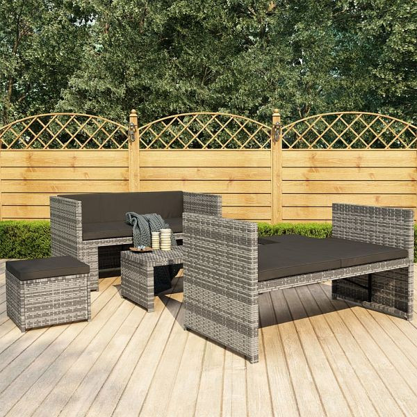 vidaXL 5-teilig Garten-Lounge-Set mit Auflagen Poly Rattan Grau, 48134