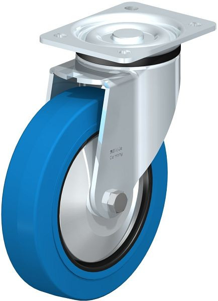 Blickle LK-POEV 200K-SB-FA Stahlblech-Lenkrolle, schwere Ausführung, mit Anschraubplatte, Elastik-Vollgummi, Blau, 750383