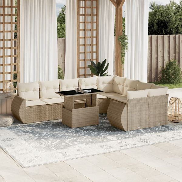 vidaXL 10-teilig Garten-Sofagarnitur mit Kissen Beige Poly Rattan, 3268758