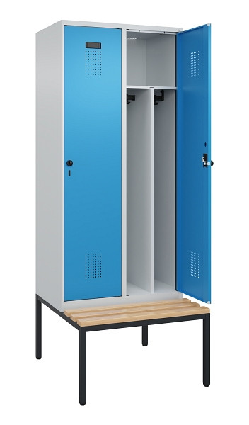 C+P Spind Evolo PLUS, 2 Abteile, 2120x800x815mm, 7035/5012, Haken 4, Drehriegel, Sitzfläche Buche-Hartholz, Sitzbank, Trennwand, 0490507-22F S10007