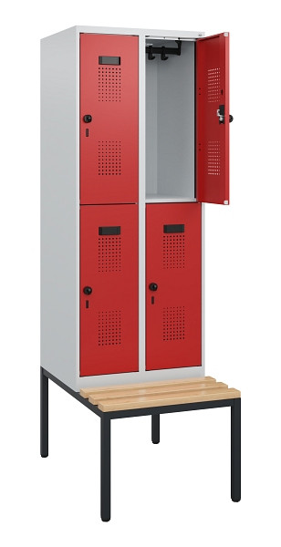 C+P Doppelstöckiger Spind Evolo PLUS, Bank, 4 Fächer, 1950x600x815mm, 7035/3000, Drehriegel, Sitzfläche Buche-Hartholz, Sitzbank, 0493505-20 S10003