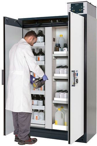 asecos Feuerbeständiger Gefahrstoffschrank Select, Mittelwand, Auszugswannen und Wannenböden, weiß, 266836